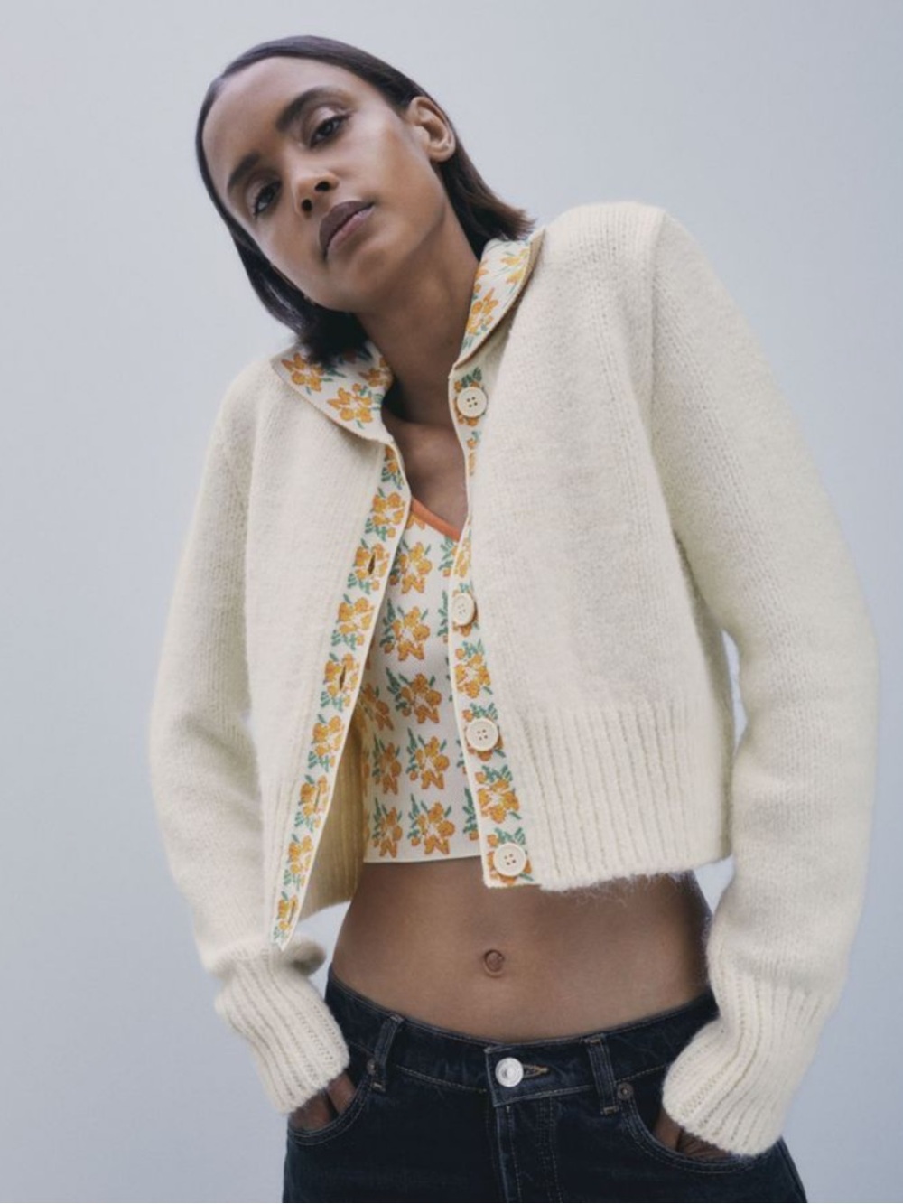 Zara Vintage Inspired Cream Cardigan with Floral Trim